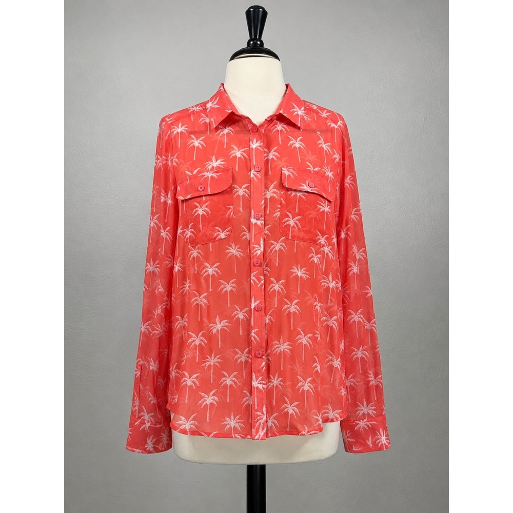 American Eagle Palm Tree Print Chiffon Button Down Shirt Coral Orange Medium